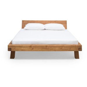 Balkenbett 160 x 200 cm, massives Fichtenholz, Vintage-Finish, vier schräge Holzbeine - Bett, Holzbett, Doppelbett