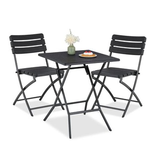 Balkonmöbel Set, 3-teilig, 1 Tisch & 2 Stühle, klappbar, Gartengarnitur Holzoptik, Stahl & Kunststoff, schwarz - Relaxdays