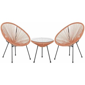 Balkonset Orange Polyrattan Beistelltisch mit 2 Stühlen Spaghetti-Optik Modern Mexikanischer Stil Outdoor Balkon Terrasse Garten Möbel