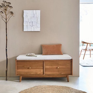 Bank aus massivem Teakholz und Bouclé-Stoff 120 cm