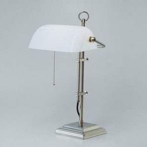 Bankers Lamp / Bankerlampe / Schreibtischleuchte, Messing Nickel matt, Glas weiß glänzend, Höhe 50 cm, 230 V, 1 x E27 60 W