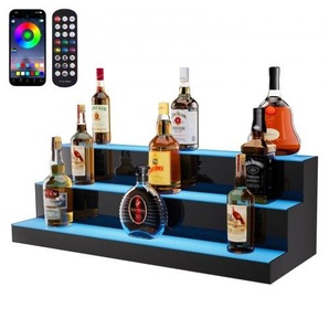 Barregal Weinregal, LED-beleuchtetes Hausbarregal mit RF-Fernbedienung und App-Steuerung, 3 stufiges Getränkebeleuchtungsregal aus Acryl, 762 x 300 x 250 mm kommerzielle Weinflaschenständer ZTXJPLED330RF57F4V2