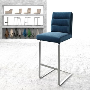 Barstuhl Pela-Flex Samt Blau Freischwinger flach Edelstahl, Barstühle