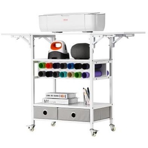 Bastelwagen Servierwagen mit faltbarer Tischplatte, kompatibel mit Cricut-Maschinen, rollender Bastel-Aufbewahrungswagen mit 14 Vinylrollen-Halterungen & 2 Schubladen, Bastel-Organizer Weiß QGJZBSMABFB4OEX99V0
