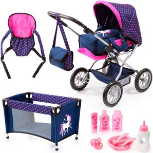 Bayer Kombi-Puppenwagen Grande, blau/pink, (Set), mit Reisebett, Schnuller, Geschirr und Pflegeprodukten