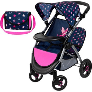Bayer Puppen-Zwillingsbuggy Twin Star, blau/pink, mit Wickeltasche