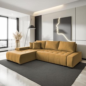 Beautysofa Ecksofa DRACO L mit Schlaffunktion & Bettkasten, Barrel in Senfgelb, Ottomane Links DracoL