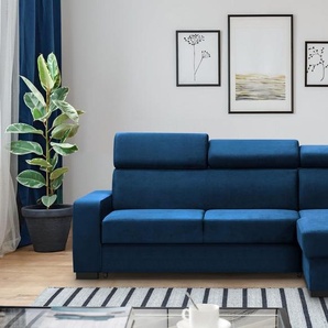 Beautysofa Ecksofa FOX II – L-Form, mit Schlaffunktion, Bettkasten und universeller Ottomane, Plüsch Marineblau