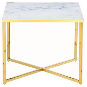 Beistelltisch 50x50x42 cm, Foliert in Marmoroptik Weiß, Gestell goldfarben - Ablagetisch, Blumentisch
