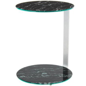 Beistelltisch, Schwarz, Silber, Metall, Glas, Marmoroptik, rund, C-Form, 40x53 cm, einfacher Aufbau, Wohnzimmer, Wohnzimmertische, Beistelltische, Beistelltische Metall