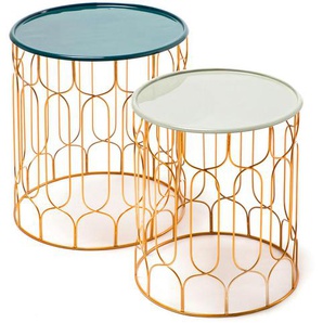 Beistelltischset, Türkis, Gold, Mintgrün, Metall, rund, 43x38 cm, Wohnzimmer, Wohnzimmertische, Satztische