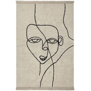 Beliani - Teppich Beige Baumwolle Rechteckig 140 x 200 cm Abstraktes Gesichtsmotiv Fransen Handgetuftet Boho Kurzhaar Fußbodenheizung Geeignet