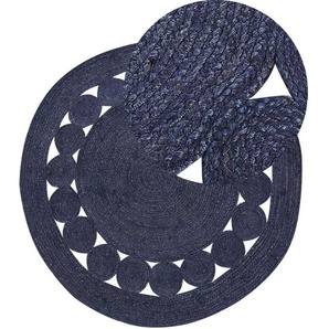 Beliani - Teppich Dunkelblau Jute Rund ⌀ 120 cm Kurzflor Lochmuster mit Kreisen Handgewebt Boho für Fußbodenheizung Flur Eingang Wohnzimmer Esszimmer