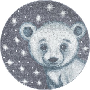 Bennjen Kinderteppich Bambi , Blau , Textil , Bär , rund , Oeko-Tex® Standard 100 , für Fußbodenheizung geeignet, schmutzabweisend, Hausstauballergiker lichtunempfindlich, antistatisch, waschbar, pflegeleicht, strapazierfähig, leicht zusammenrollbar ,