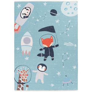 Bennjen Kinderteppich , Blau, Mehrfarbig, Weiß, Hellblau , Textil , Weltall , rechteckig , 115 cm , Global Recycled Standard (Grs) , für Fußbodenheizung geeignet, lichtunempfindlich, waschbar, pflegeleicht, leicht zusammenrollbar, rutschfeste Unterfläche