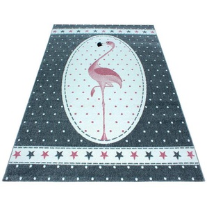 Bennjen Kinderteppich, Grau, Weiß, Pink, Textil, Flamingo, rechteckig, 160x230 cm, Oeko-Tex® Standard 100, für Fußbodenheizung geeignet, schmutzabweisend, Hausstauballergiker lichtunempfindlich, antistatisch, pflegeleicht, strapazierfähig, leicht