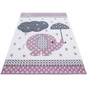 Bennjen Kinderteppich Kids 570 , Grau, Weiß, Pink , Textil , Elefant , rechteckig , 120 cm , Oeko-Tex® Standard 100 , für Fußbodenheizung geeignet, schmutzabweisend, Hausstauballergiker lichtunempfindlich, antistatisch, waschbar, pflegeleicht,