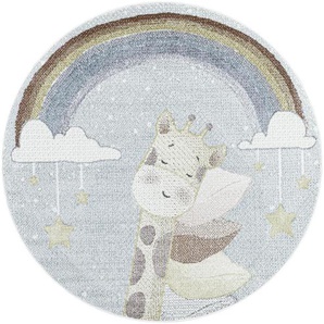Bennjen Kinderteppich Lucky 3612 Blau , Blau , Textil , Giraffe , rund , 160 cm , Oeko-Tex® Standard 100 , für Fußbodenheizung geeignet, schmutzabweisend, Hausstauballergiker lichtunempfindlich, antistatisch, waschbar, pflegeleicht, strapazierfähig,