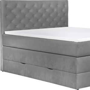 Boxspringbett LEONIQUE Jahvis Komplettbetten Gr. Samtoptik, Liegefläche B/L: 140 cm x 200 cm Betthöhe: 59 cm, Gewicht bis: 80 kg H2, Bonnell-Federkernmatratze, silberfarben (silber) Boxspringbett Boxspringbetten mit Bettkasten incl. Topper und Bettkasten,