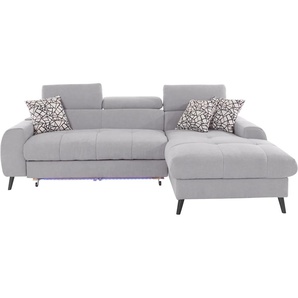 Ecksofa COTTA Mia Sofas Gr. B/H/T: 236 cm x 74 cm x 164 cm, Microfaser, Recamiere rechts, Ohne Bettfunktion-ohne Bettkasten-ohne RGB-LED-Beleuchtung-ohne Wireless Charger, grau (stone) Ecksofas 3-tlg.-Kissen-Set, Recamiere, wahlweise mit oder ohne