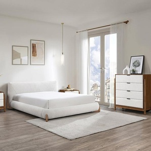 Bett - 180 x 200 cm - Bouclé-Stoff - Weiß & Holzfarben - GAMURA