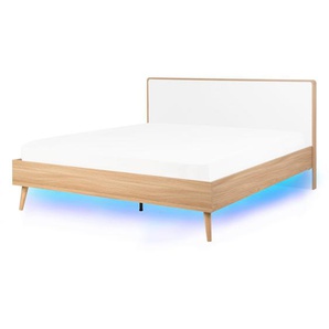 Bett Braun 140 x 200 cm LED Beleuchtung Holzoptik Weiße Kopfteil Mit Lattenrost Klassisch