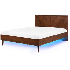 Bett Braun 160 x 200 cm Holzoptik Mit Lattenrost und Led Beleuchtung Schlichte Linie Stabiles Gestell Klassisch