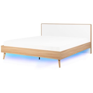 Bett Hellbraun und Weiß MDF-Platten Holzoptik mit Lattenrost 180 x 200 cm Kopfteil LED-Beleuchtung Skandi Klassisch Schlafzimmer Doppelbett
