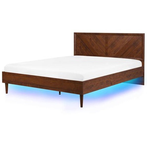 Bett Dunkelbraun Faser- und MDF-Platten mit Holzbeinen LED-Beleuchtung Lattenrost 180 x 200 cm Holzoptik Modern Schlafzimmer Doppelbett