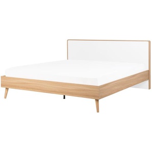 Bett Hellbraun und Weiß MDF-Platten Holzoptik mit Lattenrost 180 x 200 cm Kopfteil Holzbeine Skandi Klassisch Schlafzimmer Doppelbett