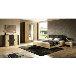 Bett 180 x 200cm Spanplatte, foliert Beige/Eiche Artisan Dekor Eiche