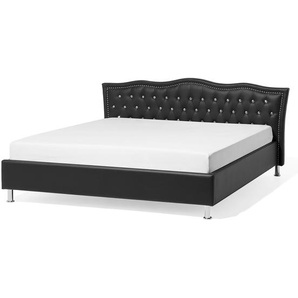Bett Kunstleder Schwarz Lattenrost 160 x 200 cm Geschwungene Kopfteil Dekorative Steppnähten Knopfverzierung Romantisch Klassisch