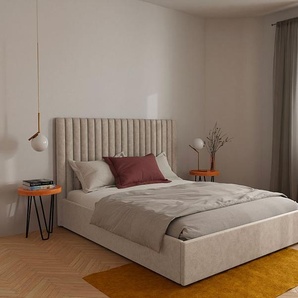 Bett mit Bett mit Bettkasten - - 180 x 200 cm mit Kopfteil - Stoff - Beige - SARAH