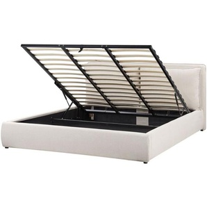 Bett mit Bettkasten Beige aus Stoff Gepolstert 180 x 200 cm Lattenrost Hochklappbar Hohes Kopfteil Stauraum Modern Doppelbett Schlafzimmer