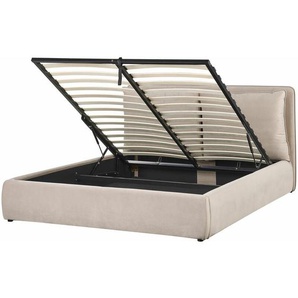 Bett mit Bettkasten Beige Samt Gepolstert 160 x 200 cm Lattenrost Hochklappbar Hohes Kopfteil Viel Stauraum Modern Doppelbett Schlafzimmer