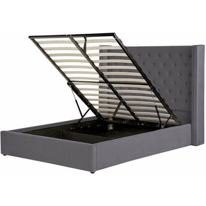 Bett mit Bettkasten Grau Gepolstert 140 x 200 cm Lattenrost Hohes Kopfteil Knopfheftung Nieten Retro Klassisch Schlafzimmer