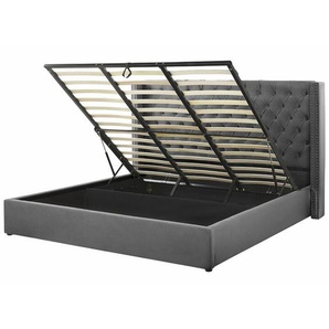 Bett mit Bettkasten Grau Gepolstert 180 x 200 cm Lattenrost Hohes Kopfteil Knopfheftung Nieten Retro Klassisch Schlafzimmer