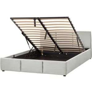 Bett mit Bettkasten Hellgrau Samt Gepolstert 140 x 200 cm Lattenrost Hochklappbar Hohes Kopfteil Modern Schlafzimmer Möbel Ausstattung