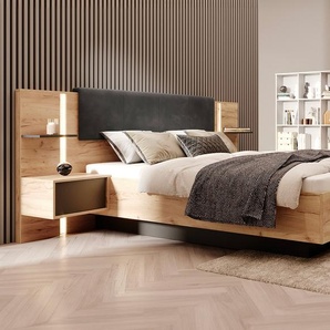 Bett mit Bettkasten mit Nachttischen - 160 x 200 cm - Mit LED-Beleuchtung - Holzfarben & Anthrazit - ELYNIA