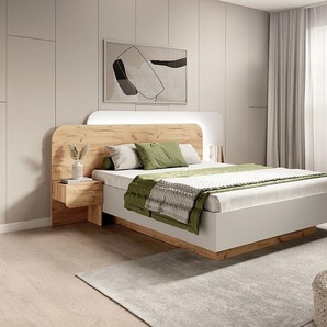 Bett mit Bettkasten & Nachttischen 160 x 200 cm - Mit LEDs - Holzfarben und Weiß + Matratze - DESADO
