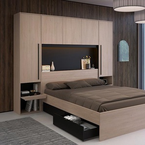 Bett mit Bettüberbau, Stauraum & LEDs + Lattenrost - 160 x 200 cm - Naturfarben & Schwarz - VELONA