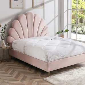 Bett mit Kopfteil in Muschelform - 160 x 200 cm - Samt- Rosa - LIVAYA