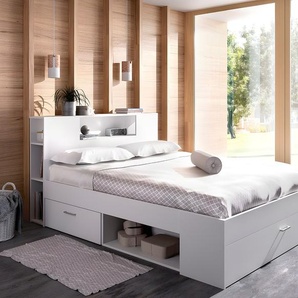 Bett mit Kopfteil, Stauraum & Schubladen + Lattenrost - 160 x 200 cm - Weiß - LEANDRE