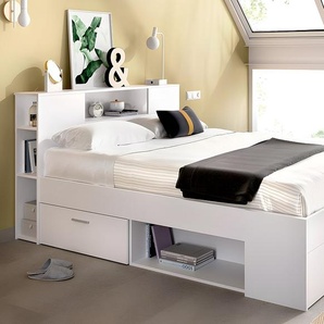 Bett mit Kopfteil, Stauraum & Schubladen + Lattenrost + Matratze - 140 x 190 cm - Weiß - LEANDRE