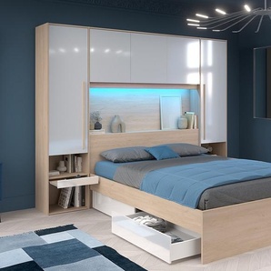 Bett mit Stauraum 160 x 200 cm mit LED-Beleuchtung + Lattenrost - Holzfarben & glänzend weiß - VELONA