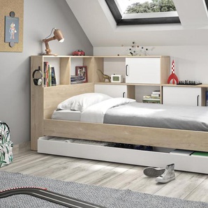 Bett mit Stauraum & Schublade - 90 x 200 cm - Naturfarben & Weiß - ARMAND
