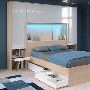 Bett mit Stauraum + Lattenrost + Matratze - 140 x 190 cm - Mit LED-Beleuchtung - Holzfarben & glänzend weiß - VELONA