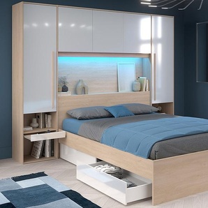 Bett mit Stauraum + Lattenrost + Matratze - 160 x 200 cm - Mit LED-Beleuchtung - Holzfarben & glänzend weiß - VELONA