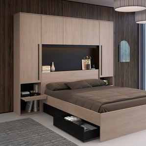 Bett mit Stauraum & LEDs - 160 x 200 cm - Naturfarben & Schwarz - VELONA