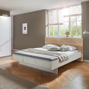Bett RAUCH Navarra Betten Gr. Stoffbezug, Liegefläche B/L: 180 cm x 200 cm Betthöhe: 44 cm, kein Härtegrad, ohne Matratze, weiß (alpinweiß, halifax eiche) Betten mit Bettkasten integrierter Bettbank, Schubkästen push-to-open-Beschlag